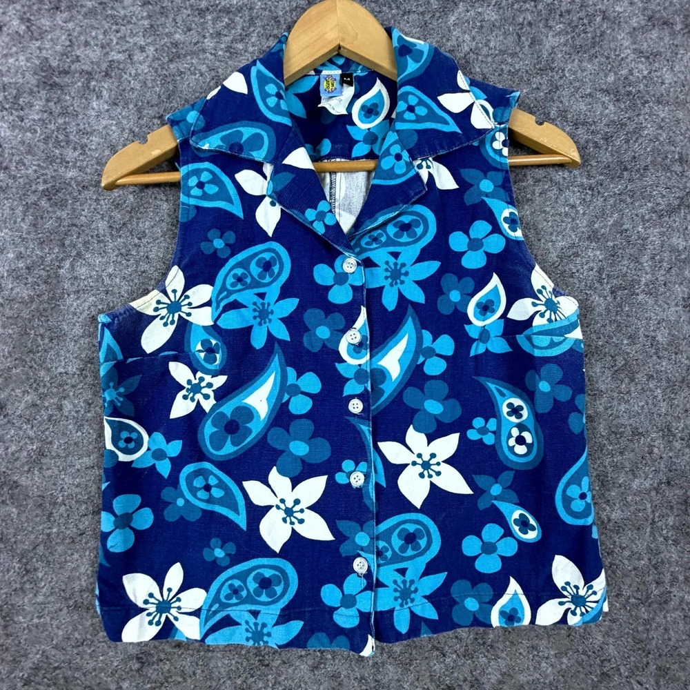 Vintage Island Soul Vest Womens Medium Blue Floral Paisley Denim Hawaiian Resort